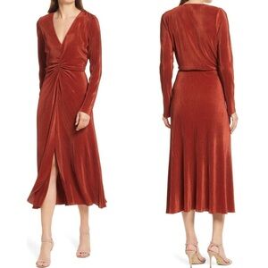 NWT Charles Henrey Women’s Gathered Long Sleeve A-Line Dress V-Neck Orange L